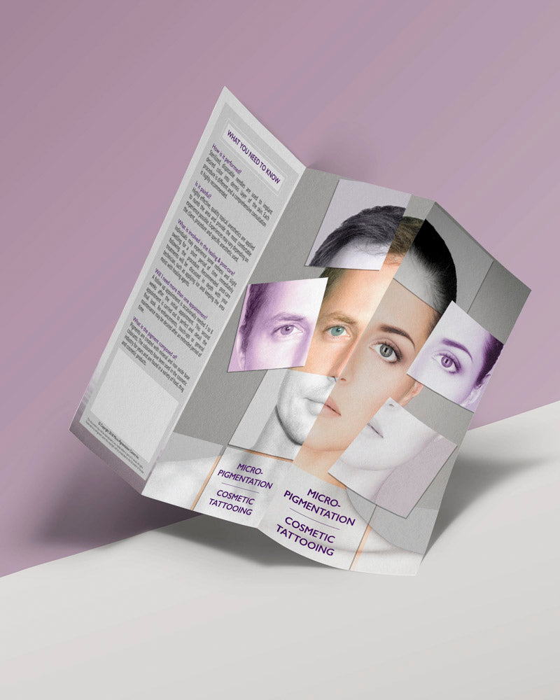 an open brochure with 3 sections showing cut outs of different parts of the face on a purple and white background